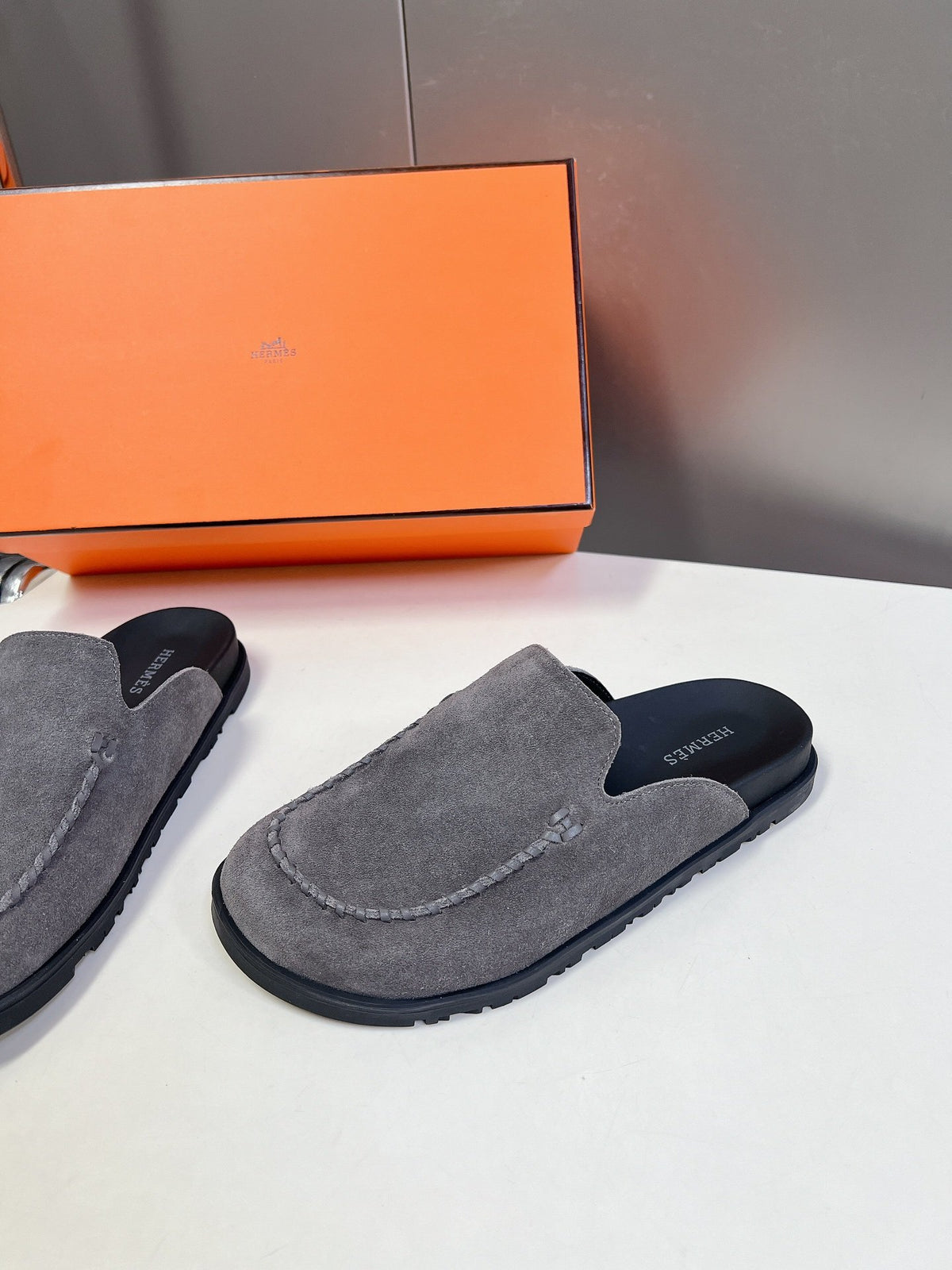 Hermes Women Gray Suede Slip-On Loafers