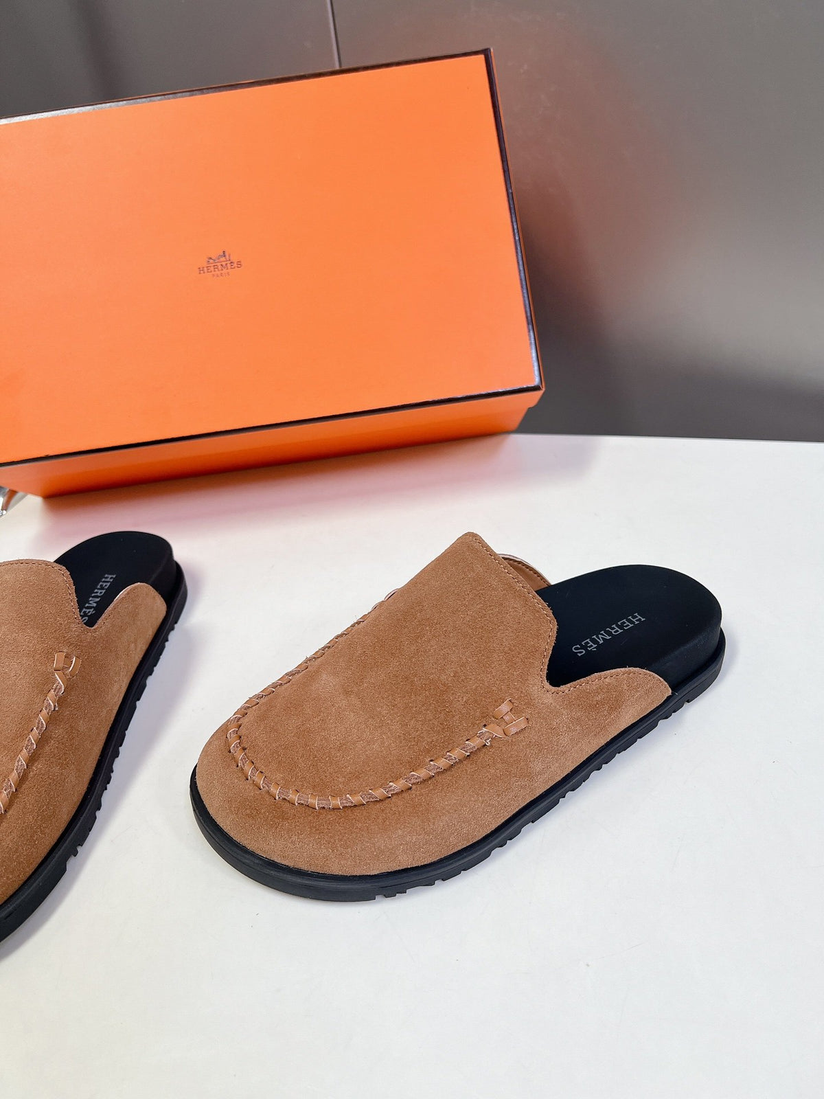 Hermes Women Tan Suede Slippers