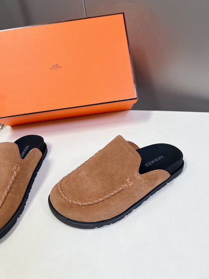 Hermes Women Tan Suede Slippers