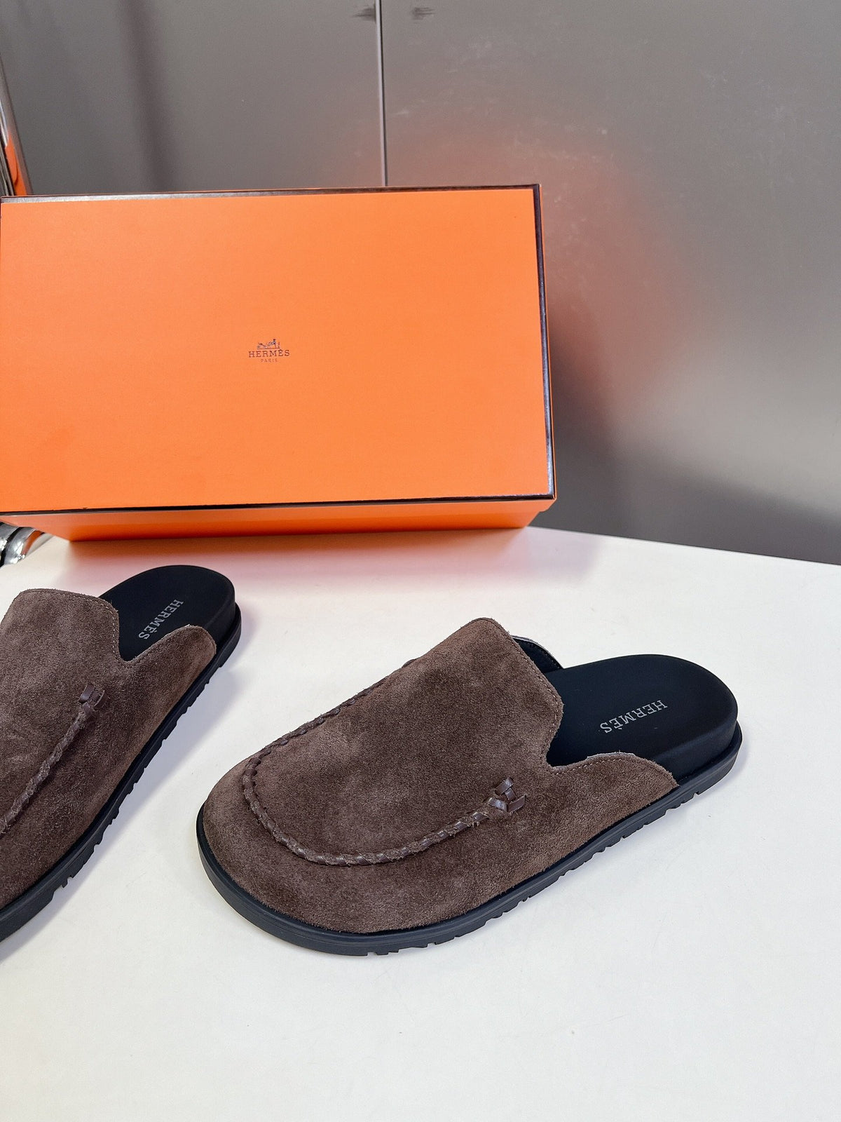 Hermes Women Brown Suede Slippers