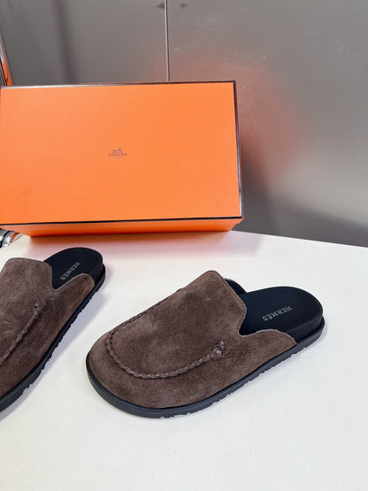 Hermes Women Brown Suede Slippers