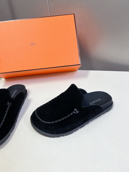 Hermes Women Black Suede Slippers