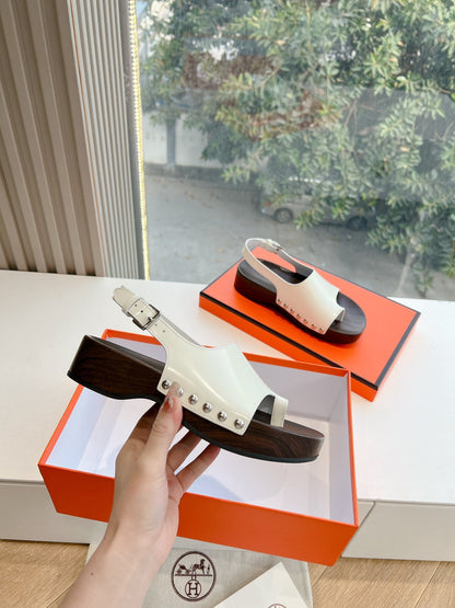 Hermes Women White Leather Wooden Sole Sandals