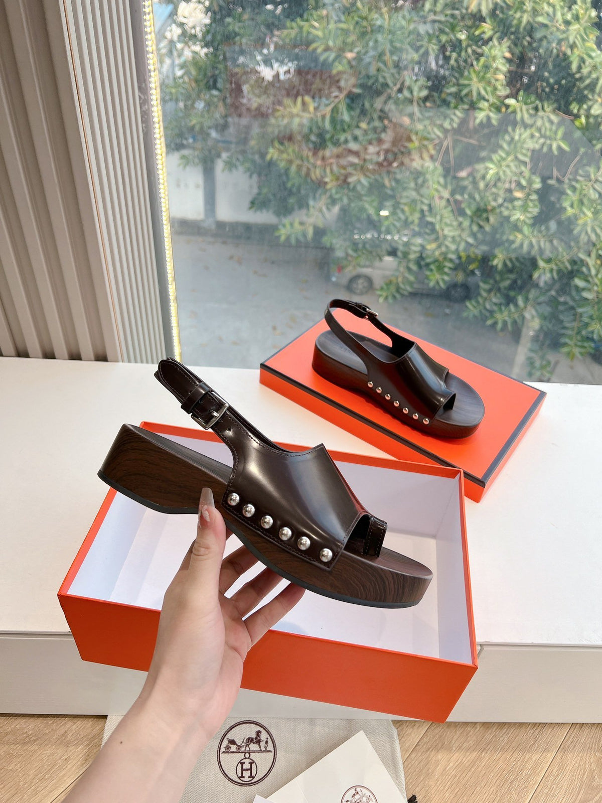 Hermes Women Dark Brown Leather Slingback Sandals