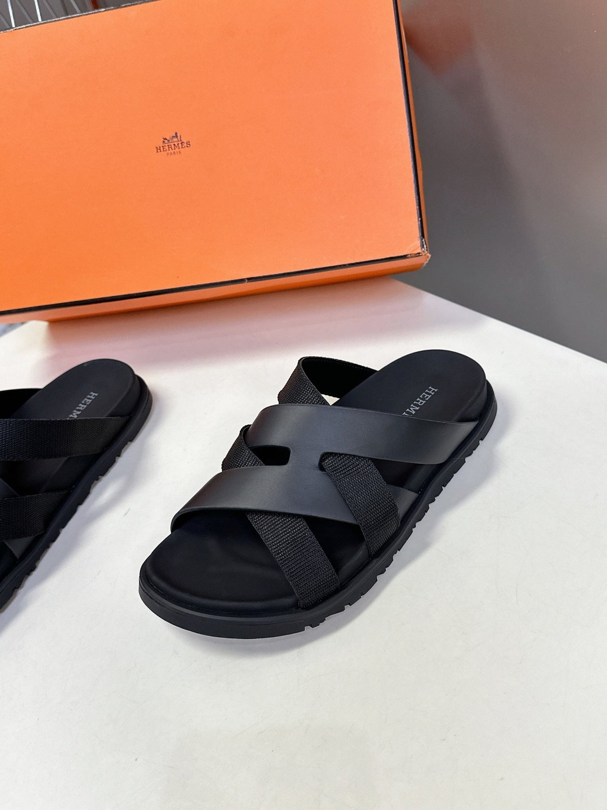 Hermes Women Black Leather And Fabric Sandals