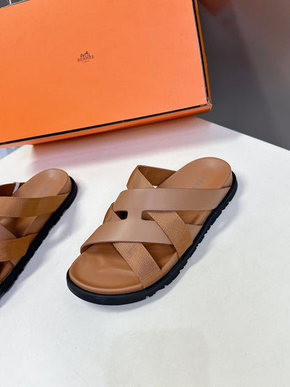 Hermes Women Tan Leather And Fabric Sandals