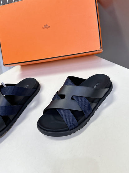 Hermes Women Navy Blue Leather And Fabric Sandals