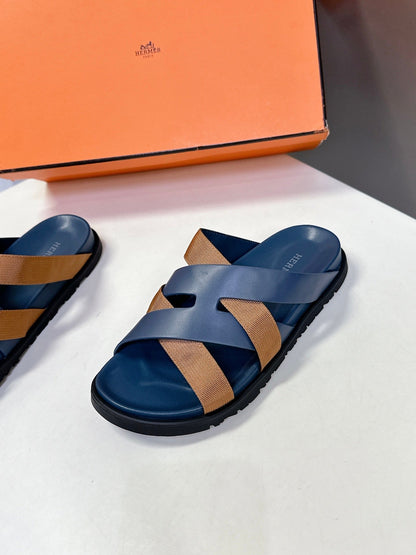 Hermes Women Navy Blue Leather And Brown Sandals