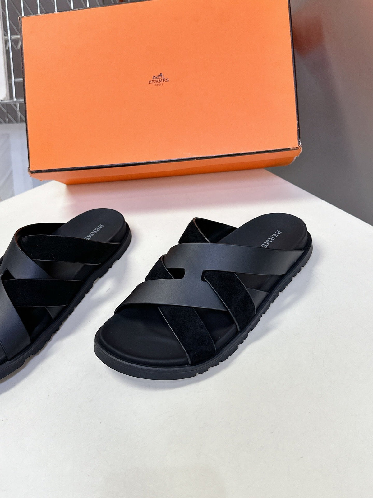 Hermes Women Black Leather Suede Sandals