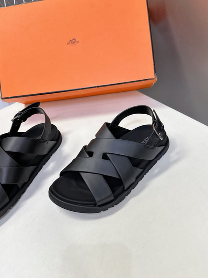 Hermes Women Black Leather Strappy Sandals