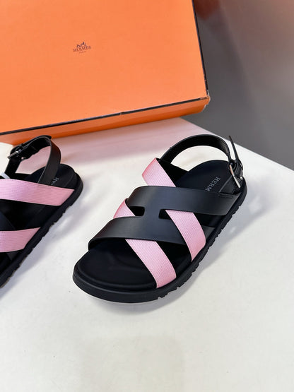 Hermes Women Black Pink Leather Strappy Sandals