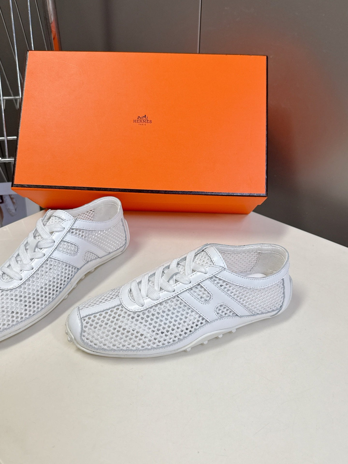 Hermes Women White Mesh Leather Sneakers