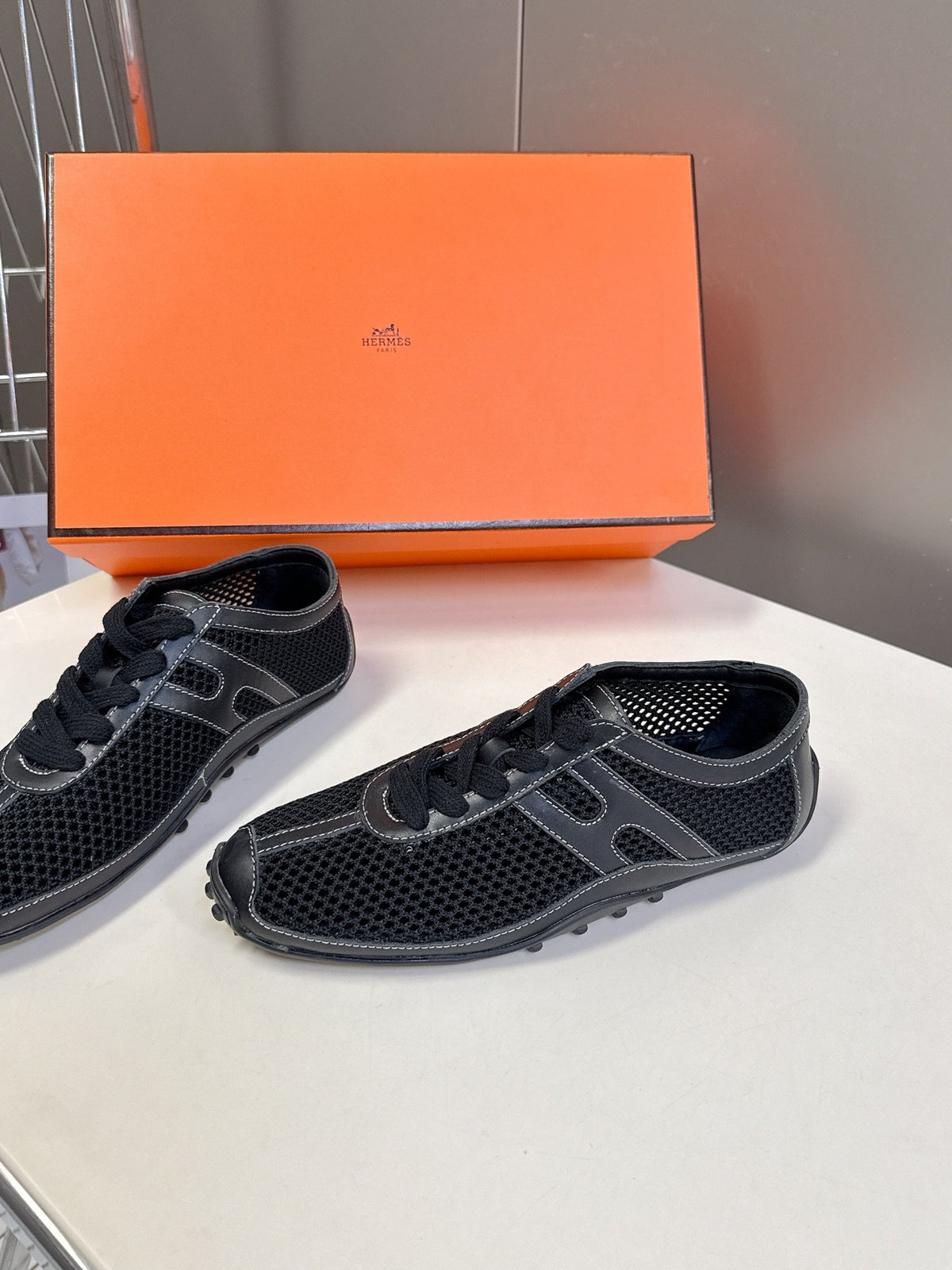 Hermes Women Black Mesh Leather Sneakers