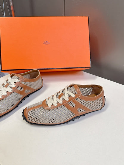 Hermes Women Beige Mesh And Tan Leather Sneakers