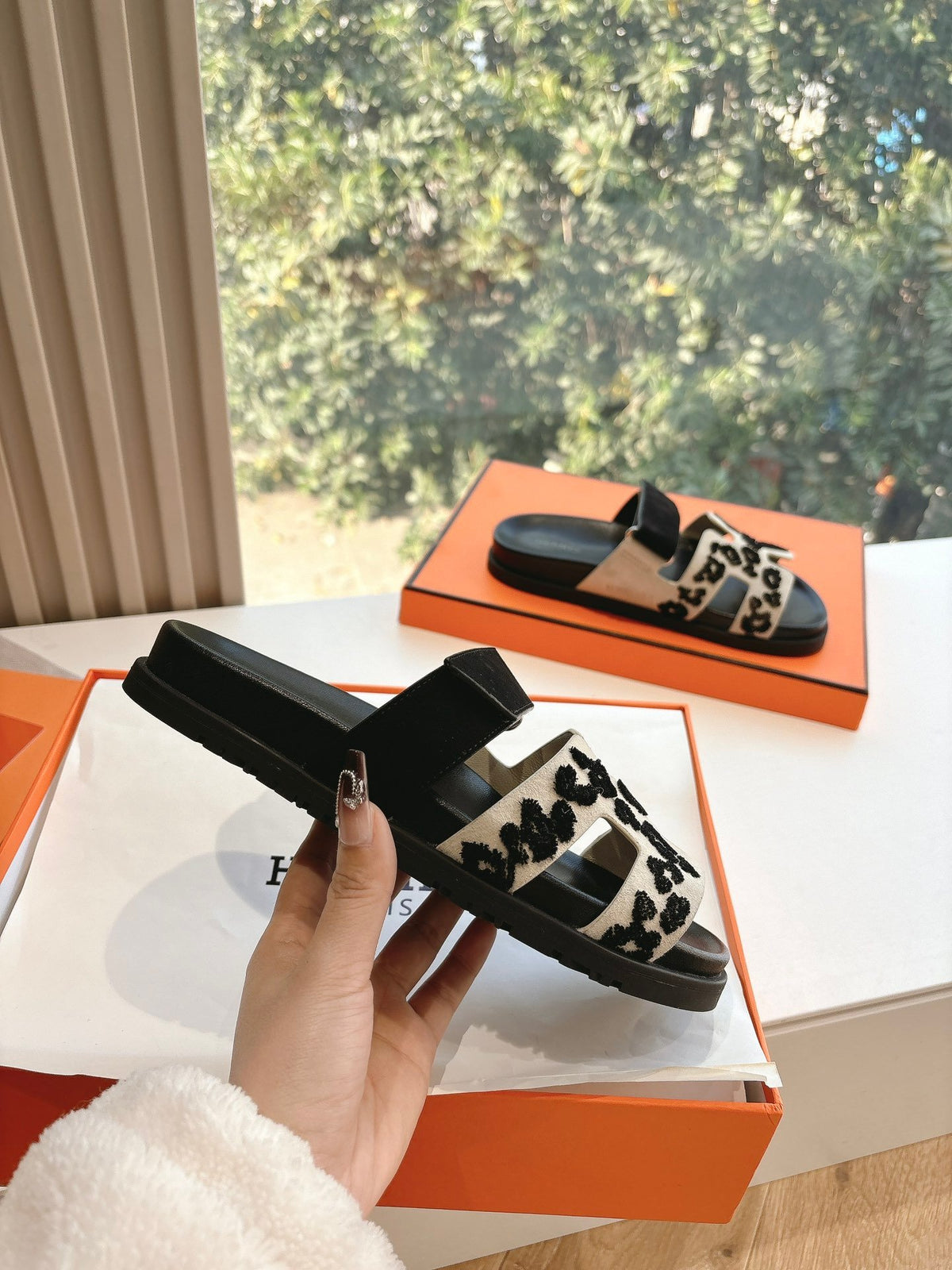 Hermes Women Black Suede And Leopard Print Sandals
