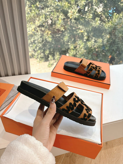 Hermes Women Tan Suede Leopard Print Slippers