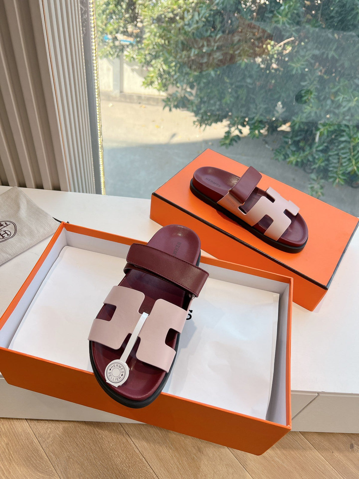 Hermes Women Burgundy Leather Pink Accent Sandals
