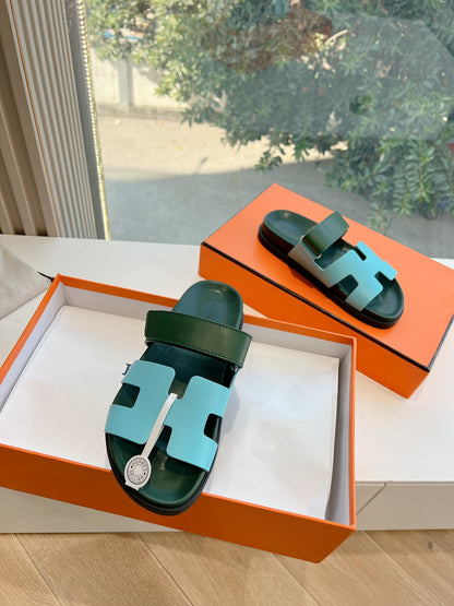 Hermes Women Green Leather Blue Sandals