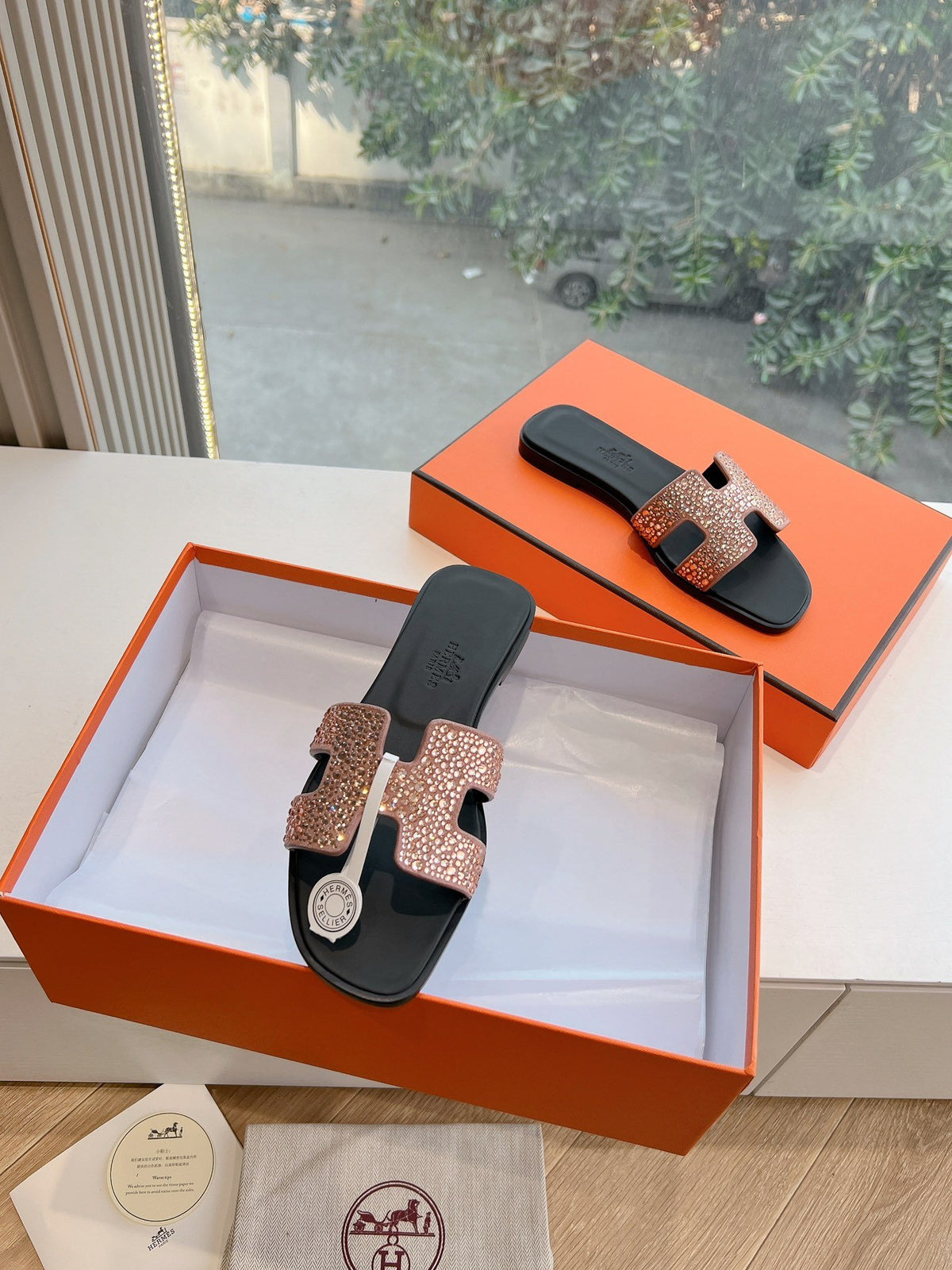 Hermes Women Rose Gold Crystal Leather Sandals