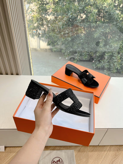 Hermes Women Black Embellished Leather Mules