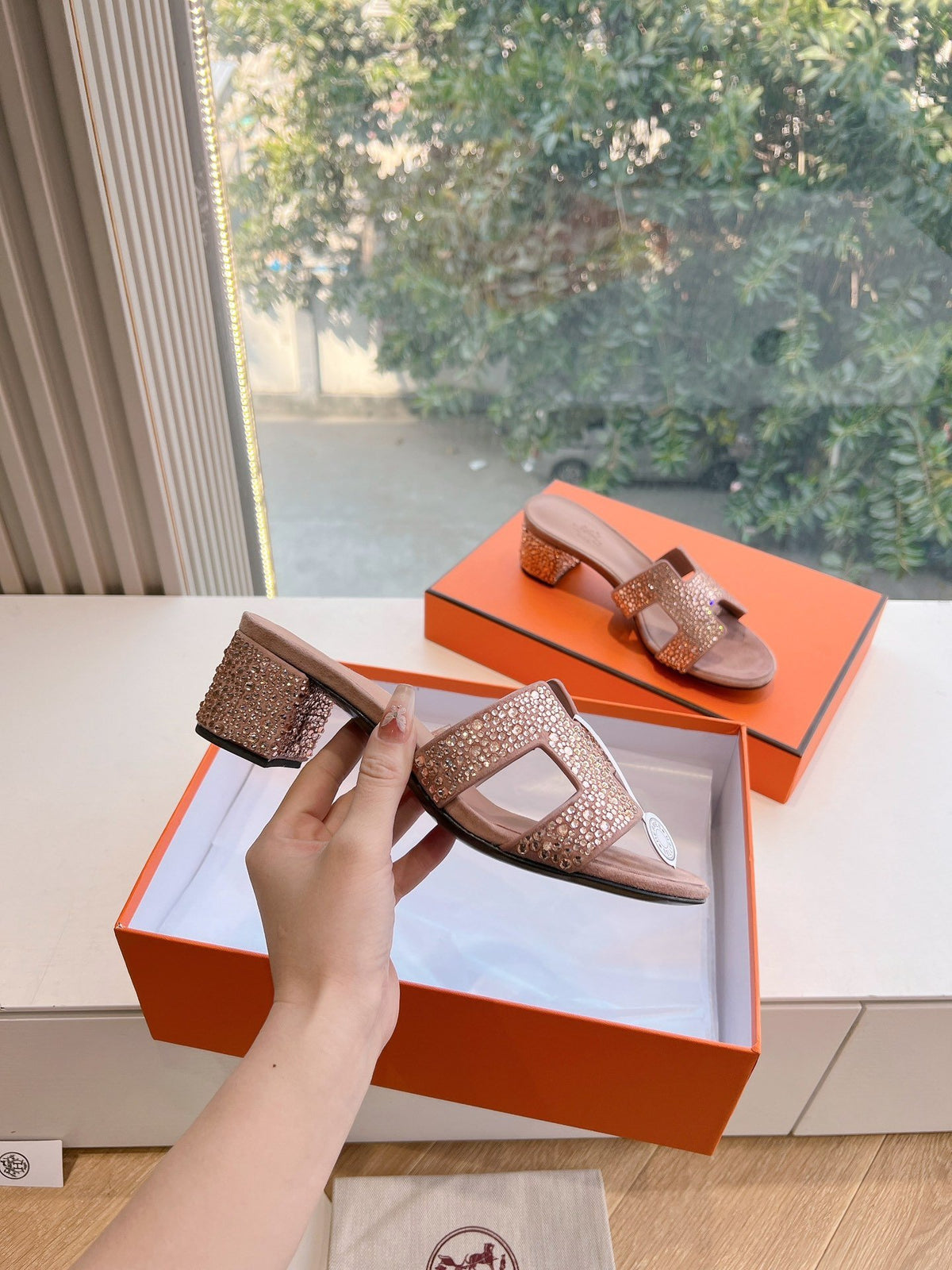 Hermes Women Pink Suede Crystal-Embellished Mules