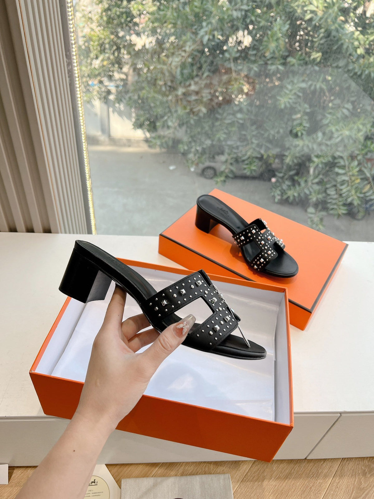 Hermes Women Black Leather Studded Mules