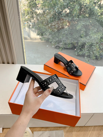 Hermes Women Black Leather Studded Mules