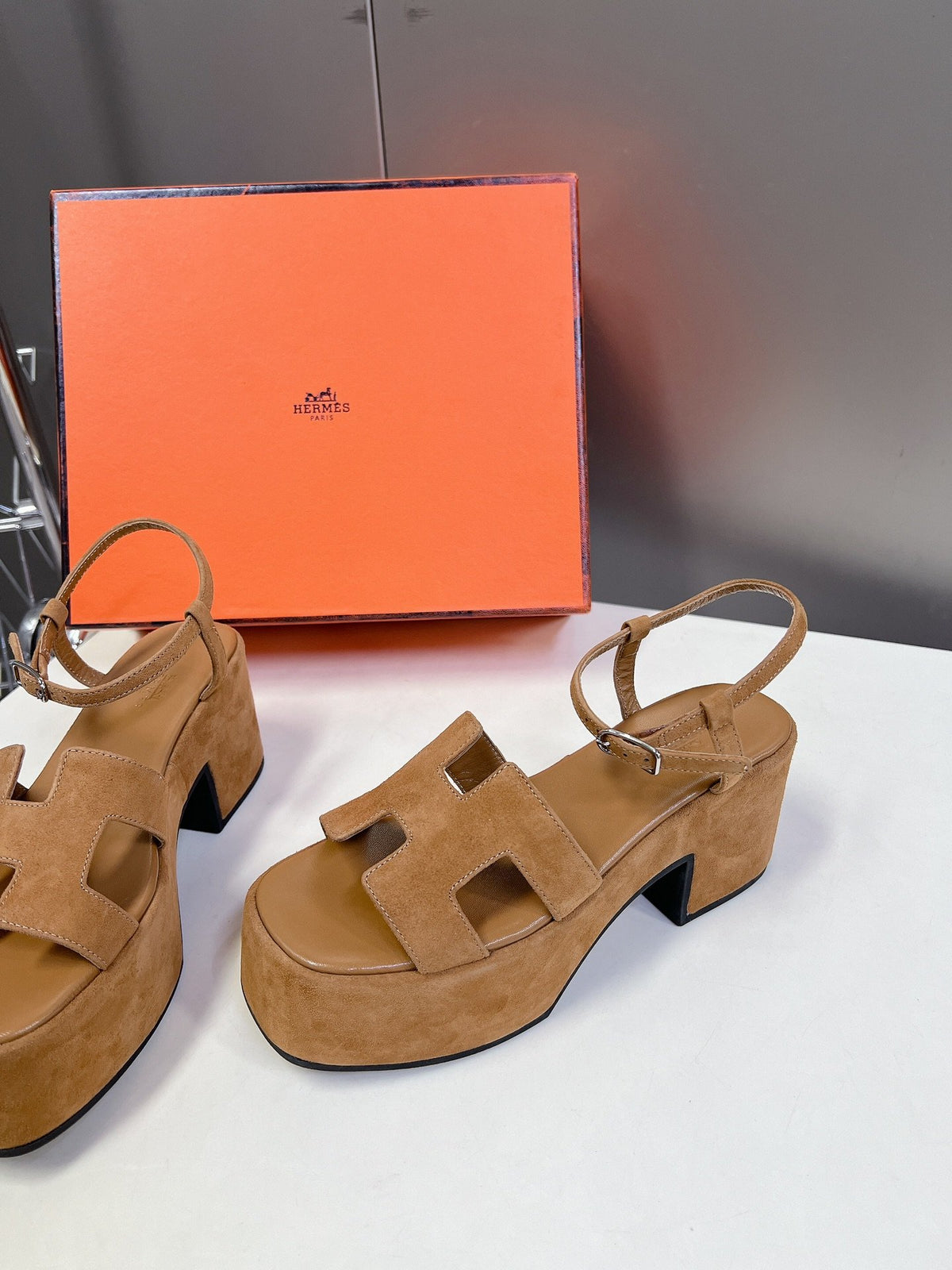 Hermes Women Tan Suede Platform Sandals