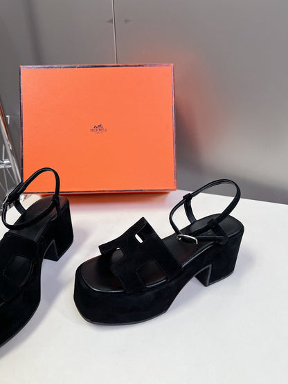 Hermes Women Black Suede Slingback Sandals