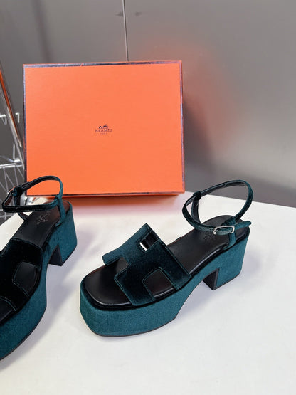Hermes Women Dark Green Velvet Sandals