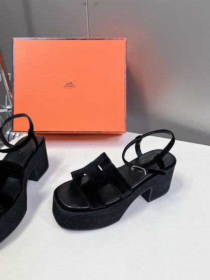 Hermes Women Black Suede Leather Sandals