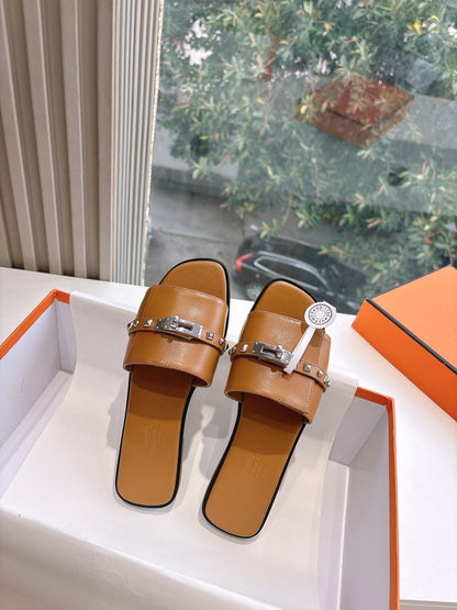 Hermes Women Brown Leather Slide Sandals
