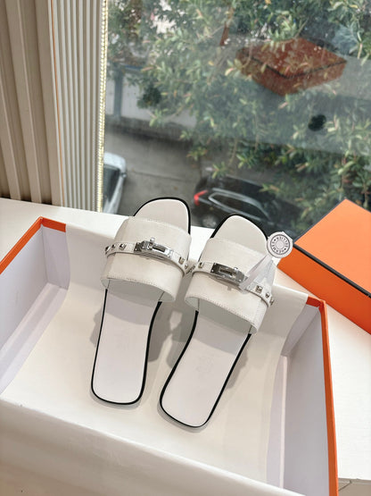Hermes Women White Leather Slide Sandals