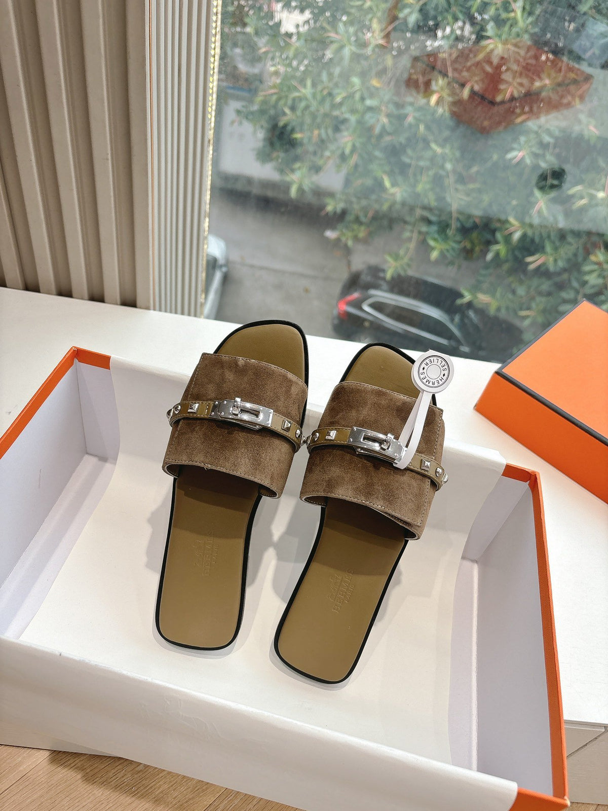 Hermes Women Brown Suede Slide Sandals