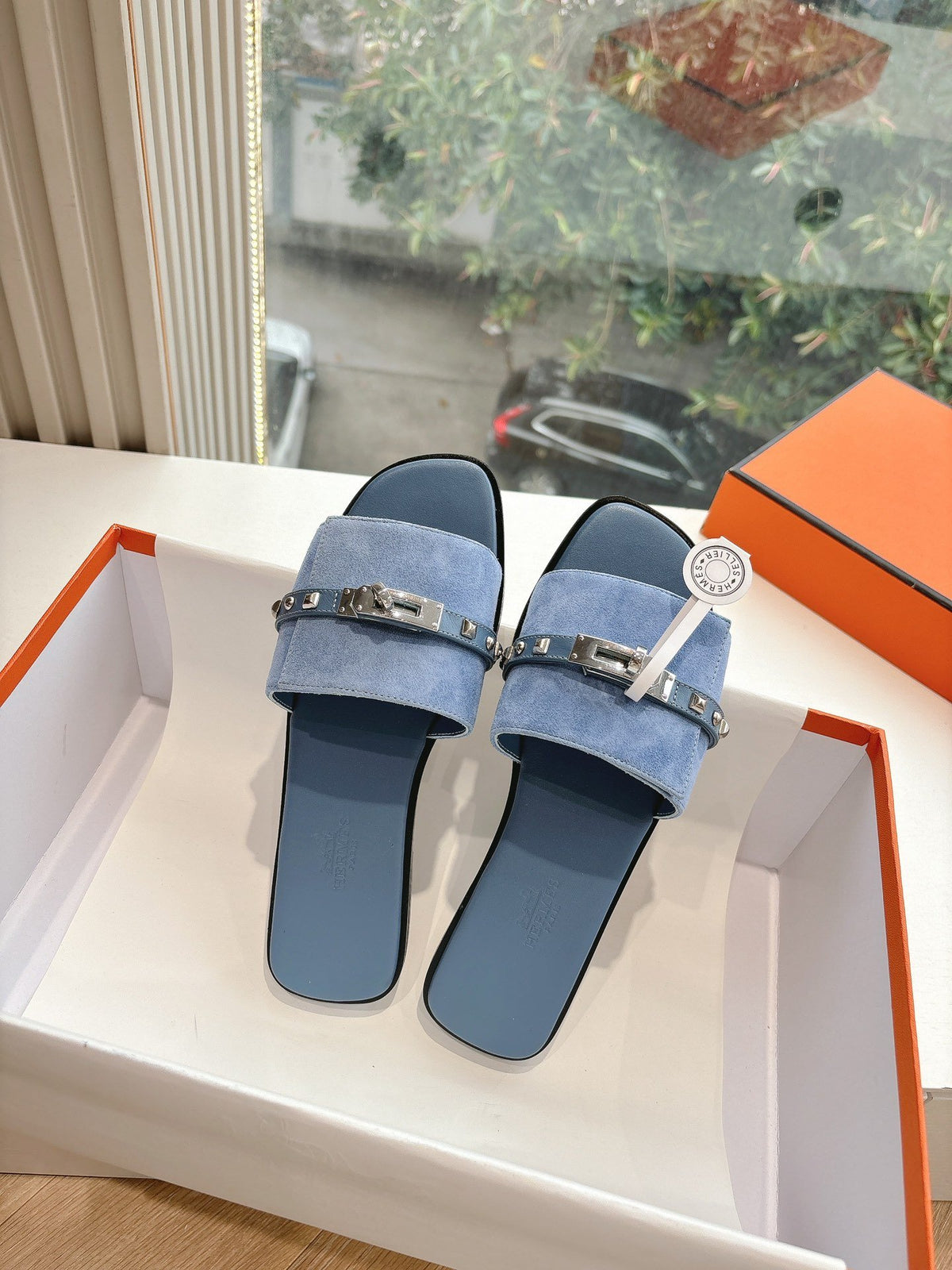 Hermes Women Blue Suede Flat Slide Sandals