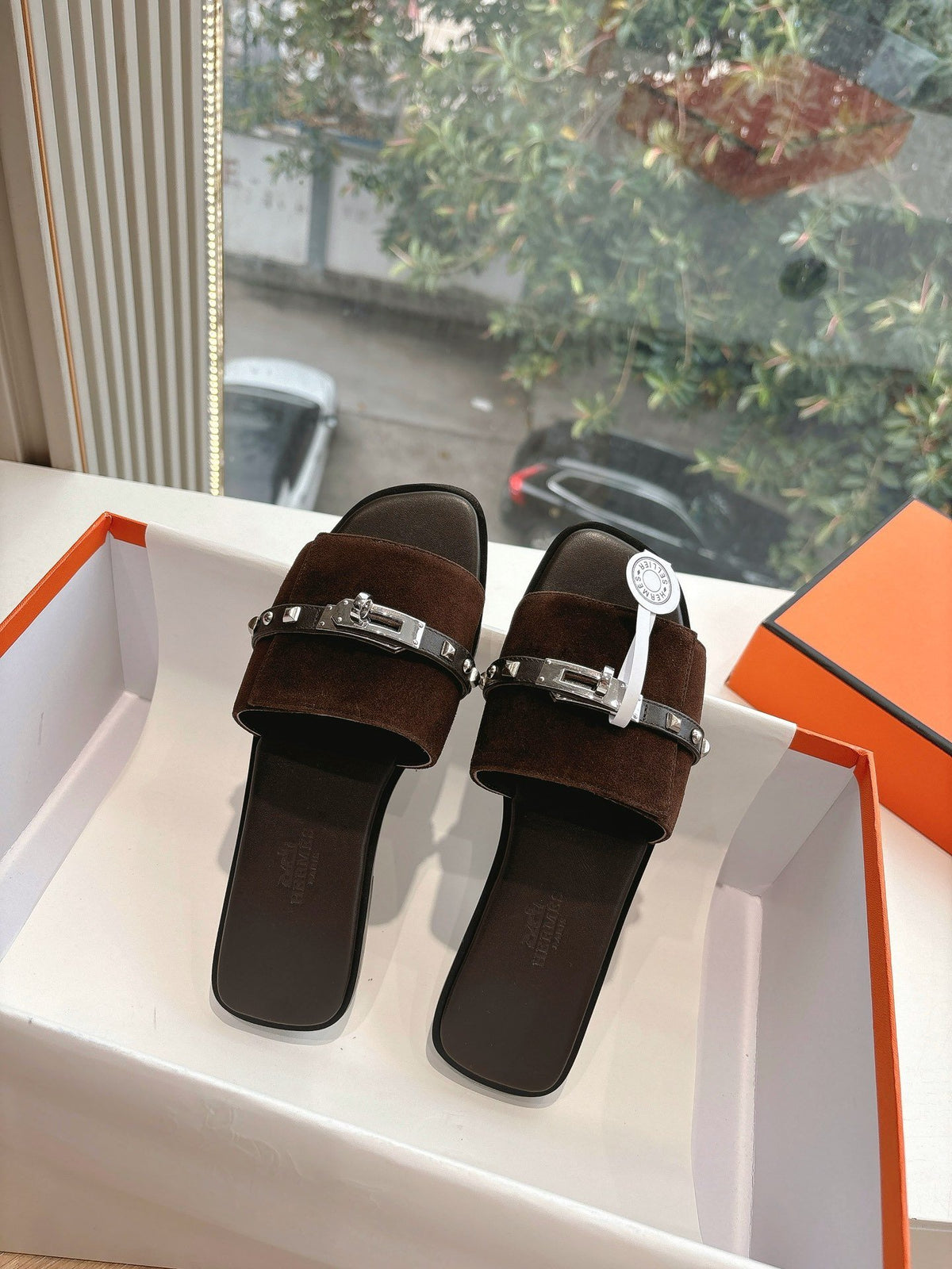 Hermes Women Dark Brown Suede Leather Strap Mules