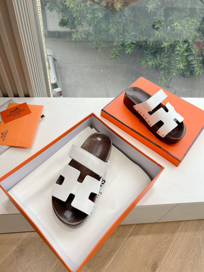 Hermes Women White Leather Wood Insole Sandals