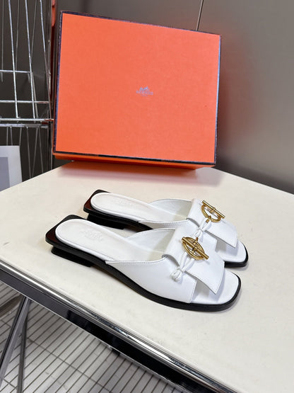 Hermes Women White Leather Mules