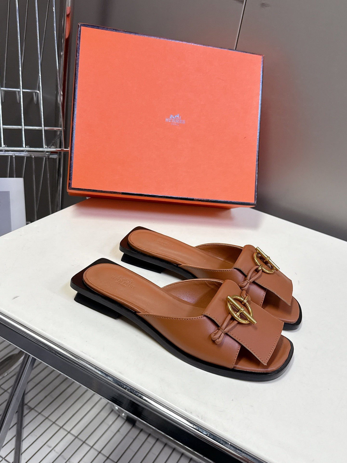 Hermes Women Brown Leather Flat Mules