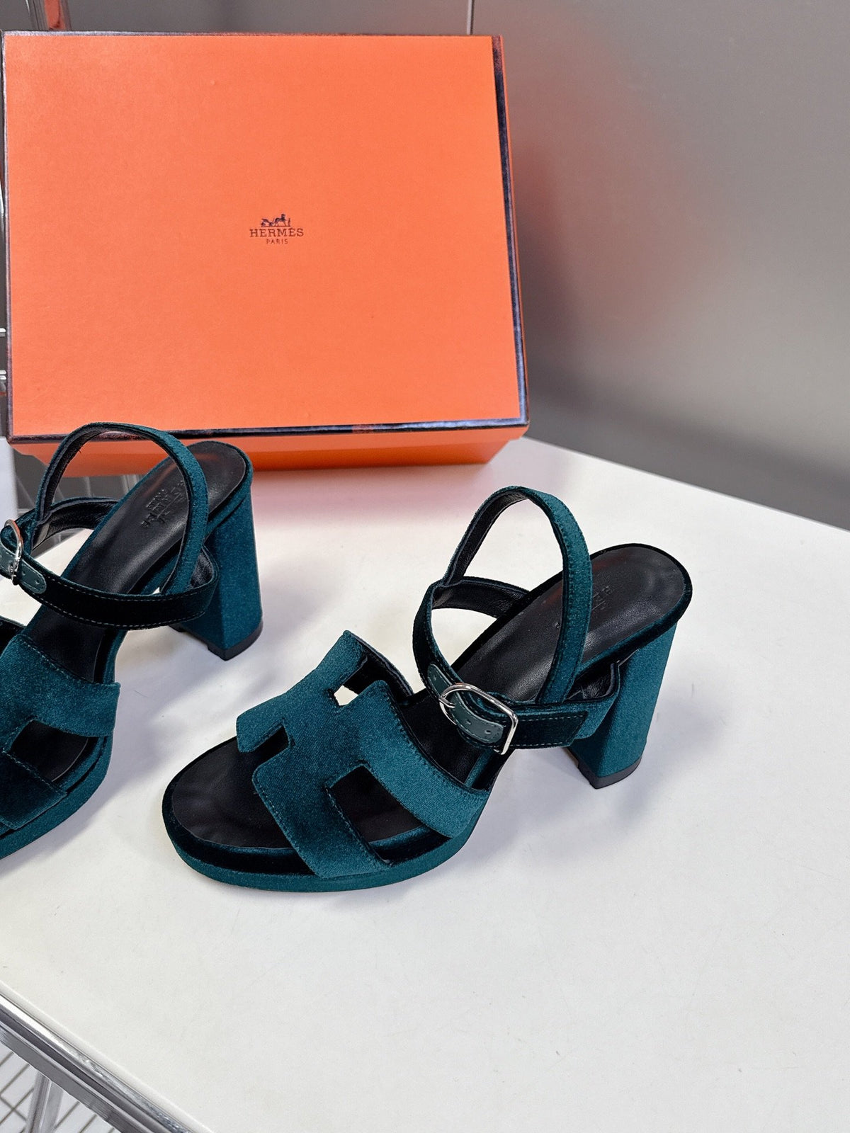 Hermes Women Dark Green Suede Sandals