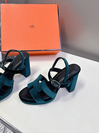 Hermes Women Dark Green Suede Sandals