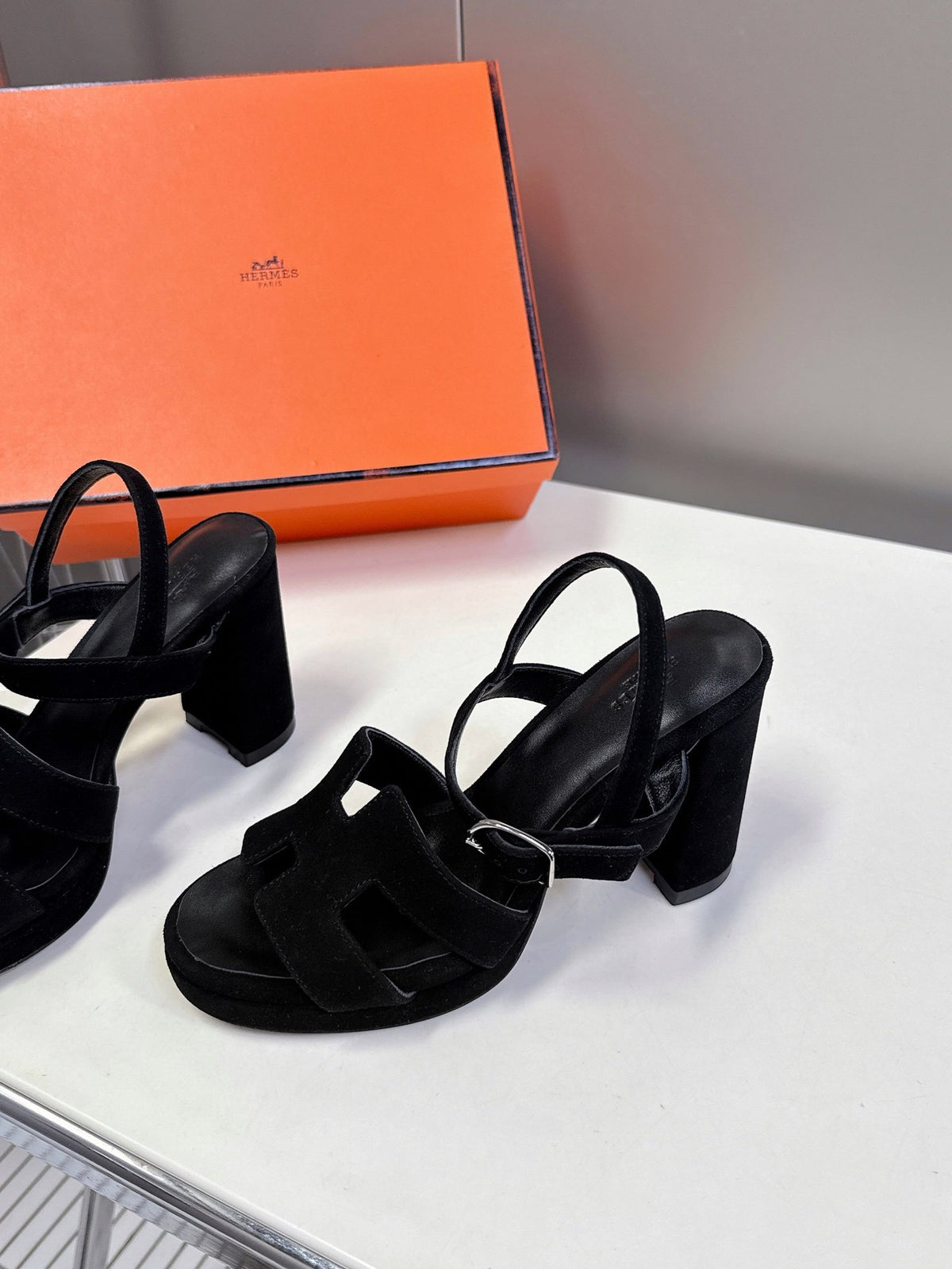 Hermes Women Black Suede Sandals