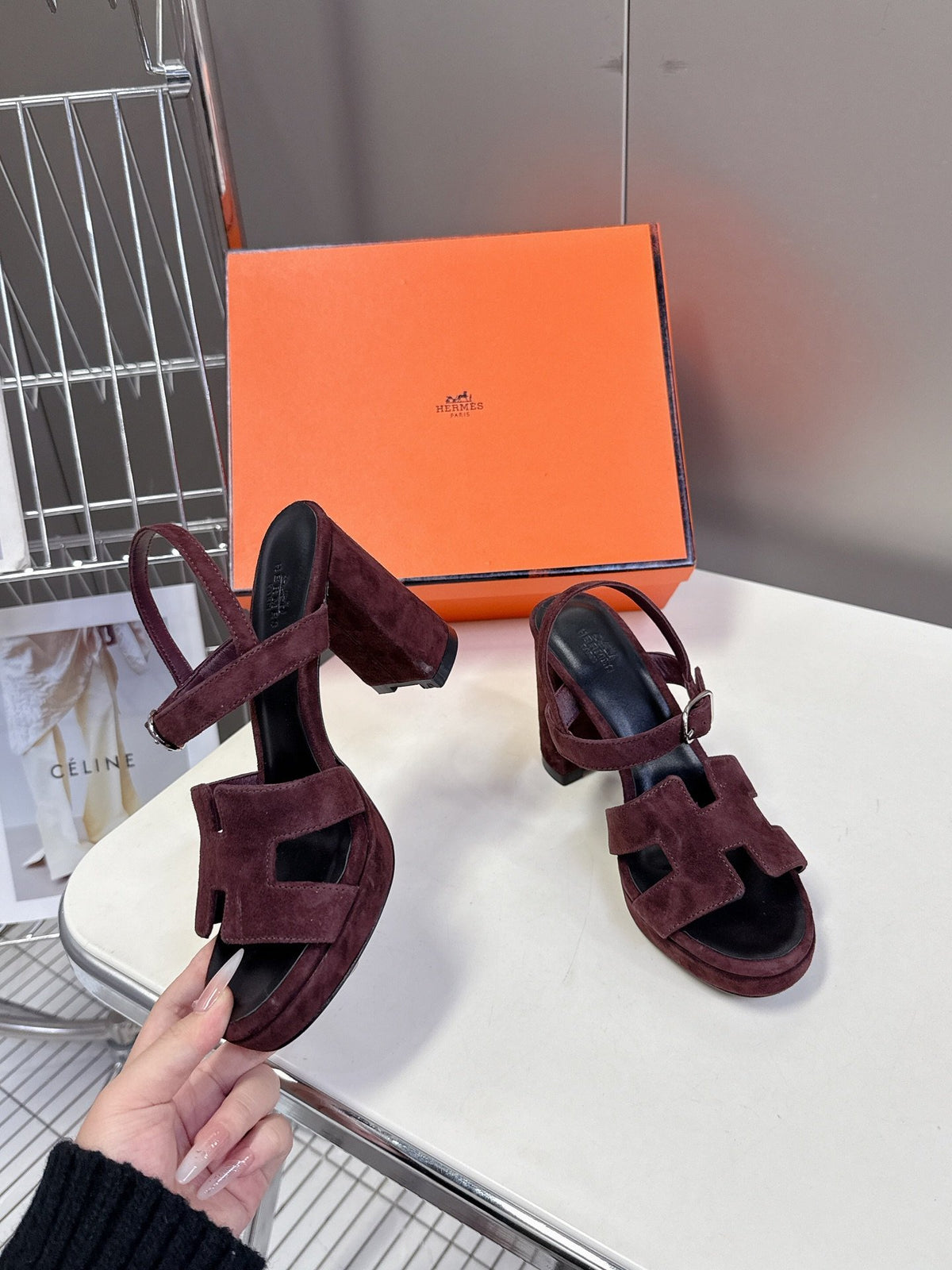 Hermes Women Burgundy Suede Heels