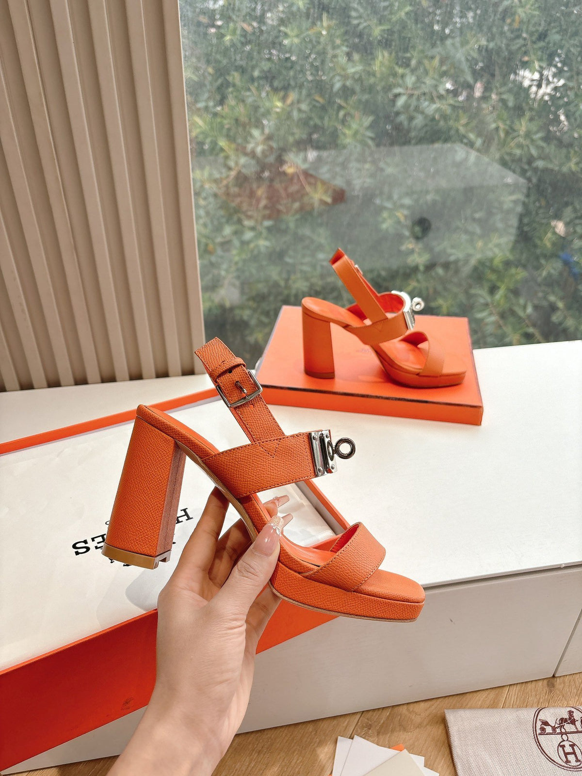 Hermes Women Orange Leather Sandals