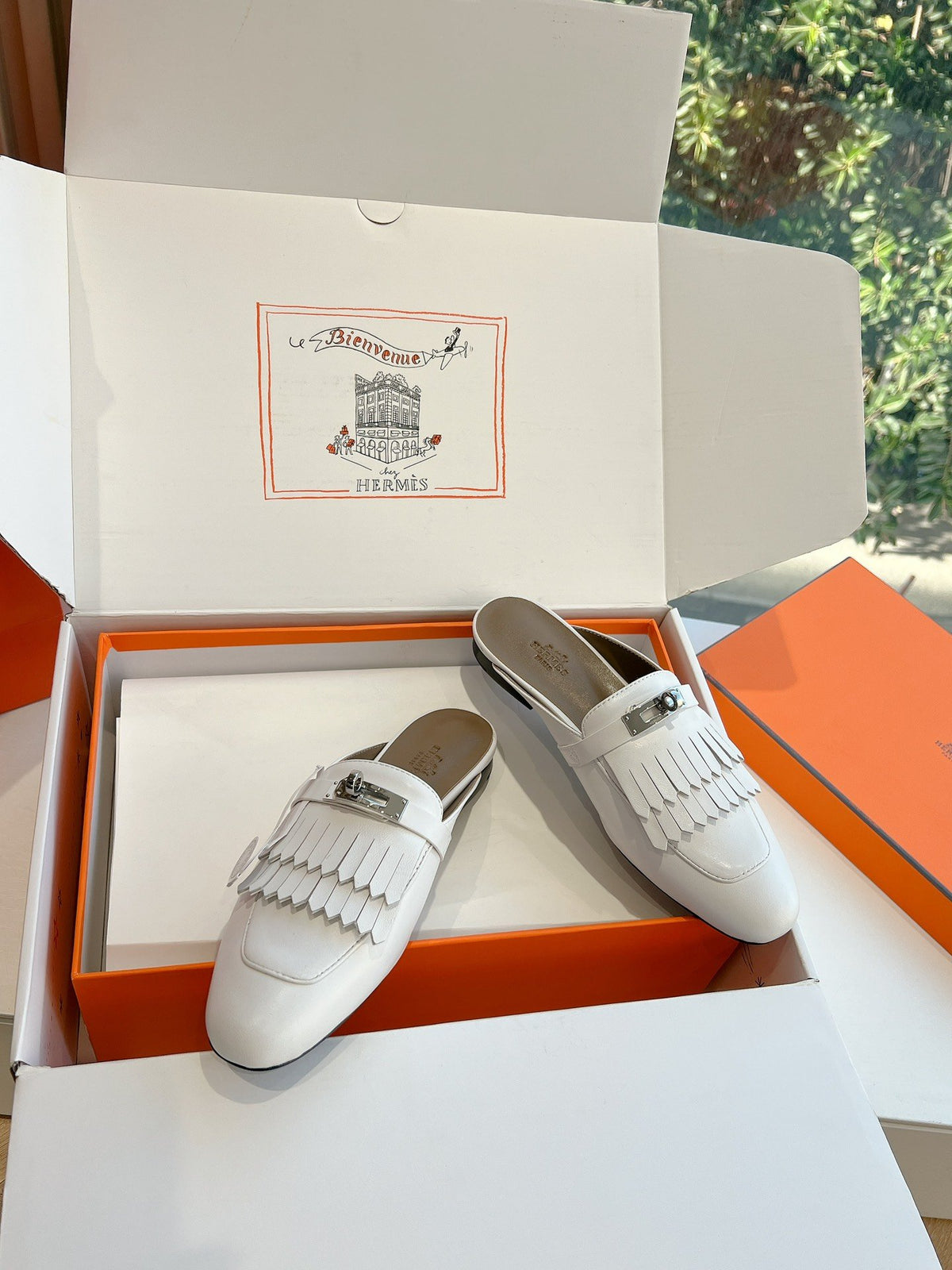 Hermes Women White Leather Fringe Mules