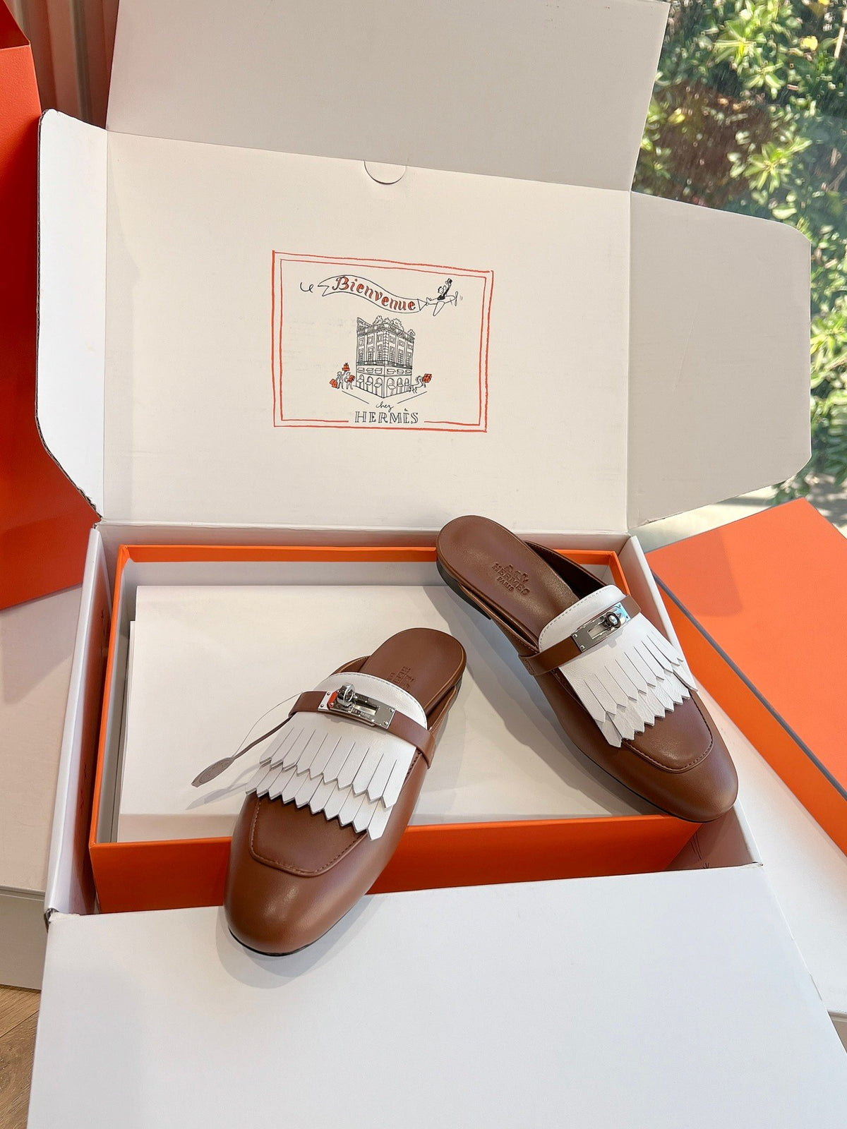 Hermes Women Brown White Leather Fringe Mules