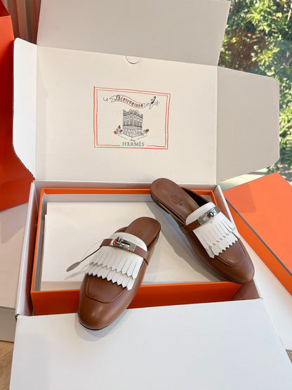 Hermes Women Brown White Leather Fringe Mules