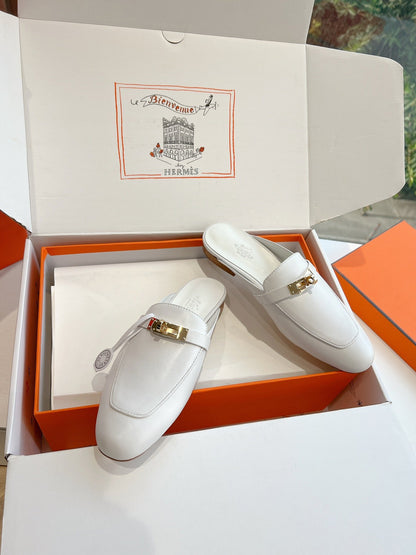 Hermes Women White Leather Mules