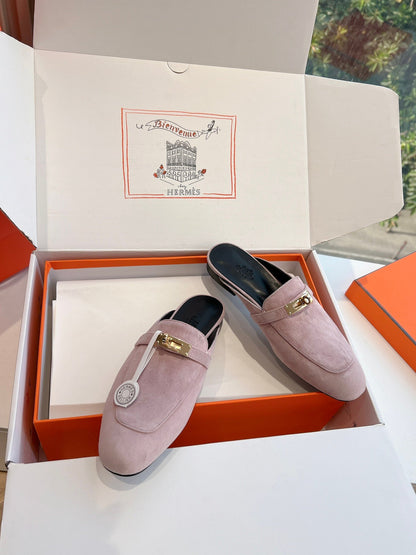 Hermes Women Pink Suede Mules