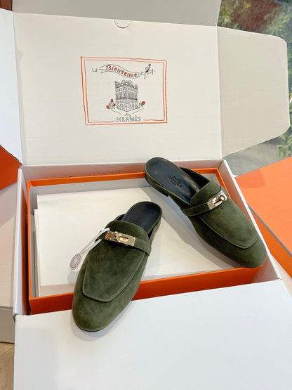 Hermes Women Green Suede Mules